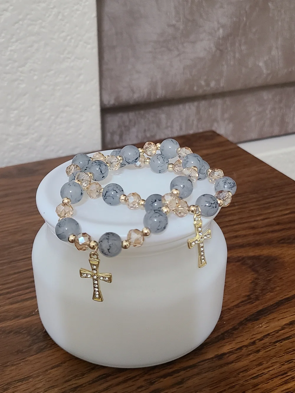 Glass Bracelets with Gray Marbling and accent Champagne Beads w/Gold Cross Charm - Picture 4 of 4
